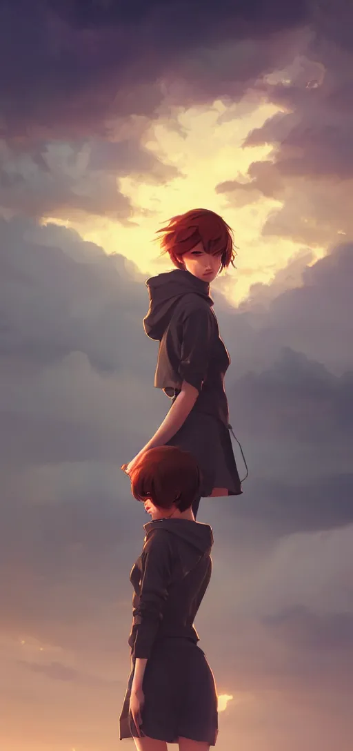 Image similar to a beautiful british woman with short brown hair, gentle, somber amber eyes, standing on a rooftop, storm in the distance, oversized hoodie that goes down to the knees, digital art by makoto shinkai ilya kuvshinov and wojtek fus, digital art, concept art,