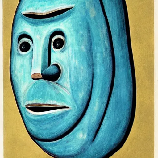 Prompt: aquamarine by ben shahn wormhole. a beautiful installation art of a giant head. the head is bald & has a big nose. the eyes are wide open & have a crazy look. the mouth is open & has sharp teeth. the neck is long & thin.