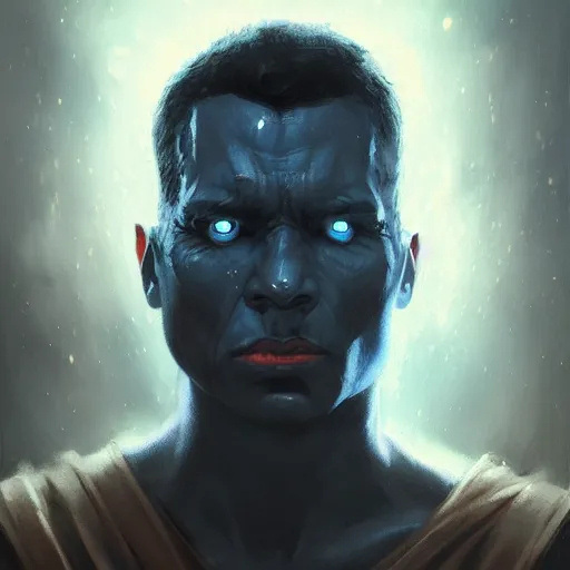 Image similar to A portrait of blue-skinned man, red eyes, black hair with widows peak, angry, dramatic lighting, star wars art, art by greg rutkowski, matte painting, trending on artstation