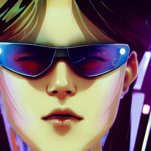 Image similar to a film still of a cyberpunk girl with a smirk, finely detailed features, aviators, closeup at the faces, dramatic cinematic, at cyberpunk city, gapmoe yandere grimdark, trending on pixiv fanbox, painted by greg rutkowski makoto shinkai takashi takeuchi craig mullins, alphonse mucha, studio ghibli, pixiv