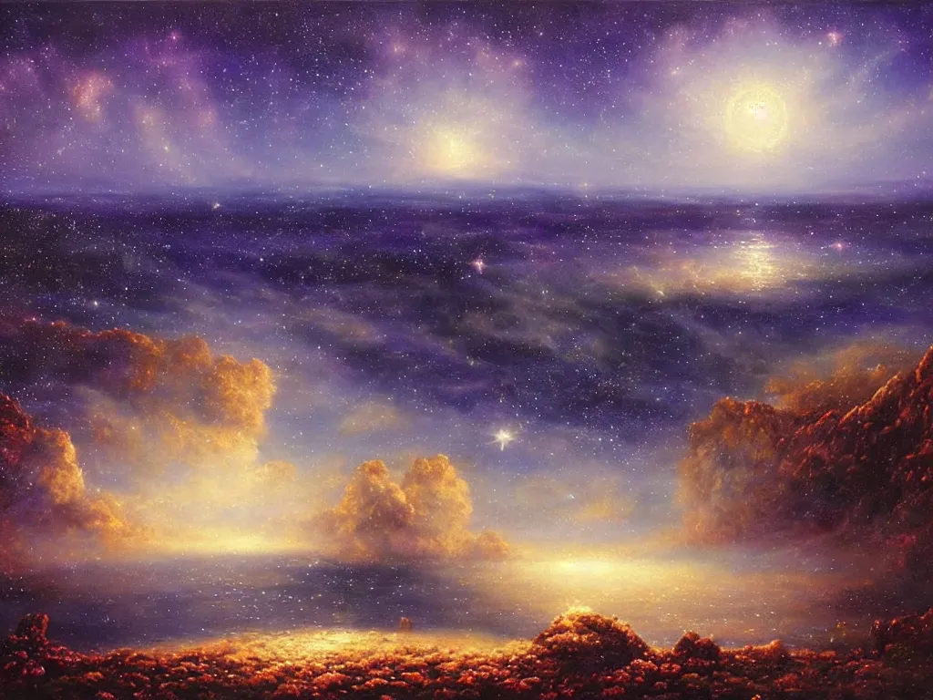 Image similar to a beautiful magical moonlit blue and purple landscape full of ethereal sparkling glowing blue lights with a beautiful galaxy sky and a glistening glittery ocean, soft lighting, ultra high detail, oil on canvas, HD, by Gilbert Williams