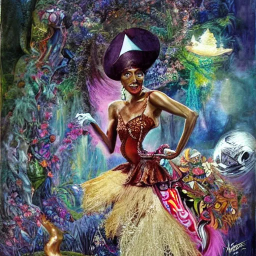 Prompt: josephine baker in alice in wonderland tripping on lsd, intricate detail, painting, royo, frazetta, whealan,