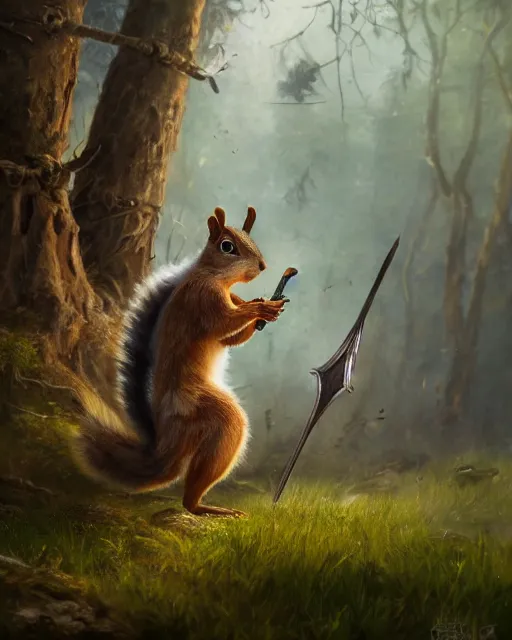 Image similar to oil painting of Anthropomorphized Squirrel attacking, wearing armor, war paint, holding sword, sharp focus, fantasy style, octane render, volumetric lighting, 8k high definition, by greg rutkowski, highly detailed, trending on art Station, magic the gathering artwork, magical forest backround, centered