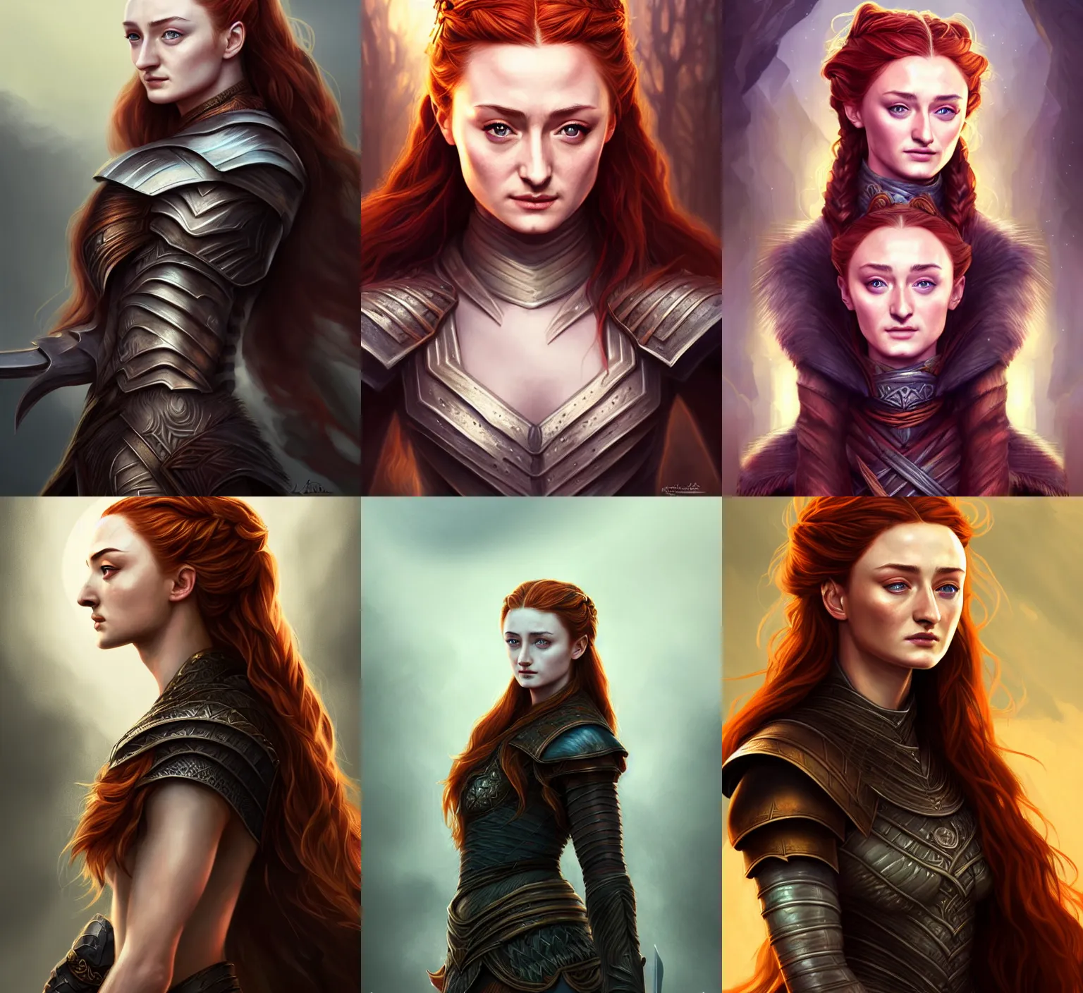 Prompt: portrait of a young beautiful warrior,sansa stark, upper body, attractive body, D&D, fantasy, intricate, cinematic lighting, highly detailed, digital painting, artstation, concept art, smooth, sharp focus, illustration, art by Artgerm