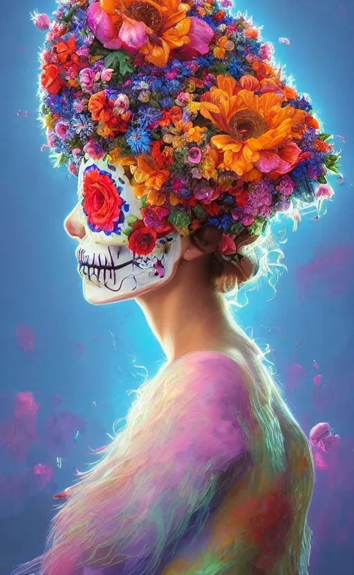 Image similar to a beautiful oil painting hyperrealism of a beautiful woman, flowers, dia de los muertos makeup, floral headdress, 8 k resolution, octane render, trending on artstation, by gediminas pranckevicius, volumetric light 2 blue fractal thunder glow by dan mumford, anaglyph effect, laurie lipton