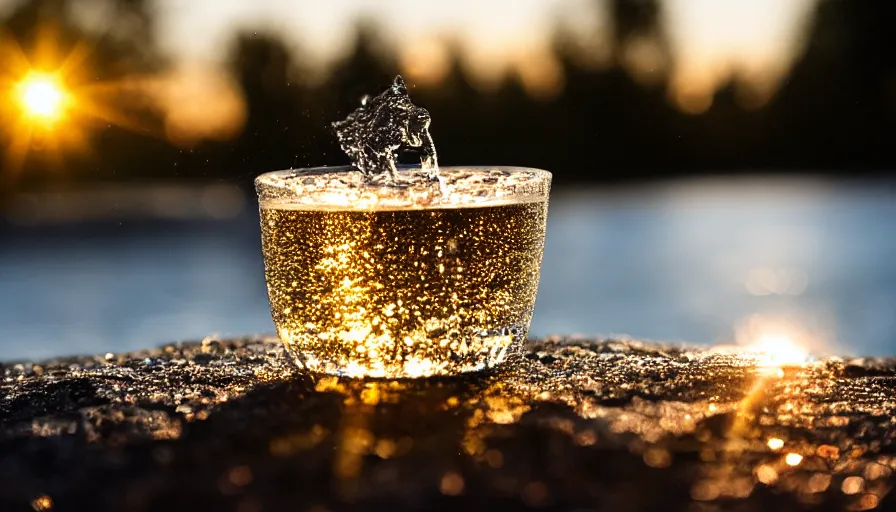 Prompt: [ a cup of sparkling water ], cup of ( water and shiny crystals ), highly detailed, dusk, moon light, campsite, hdr, backlit, ( dramatic angle ) 8 k f 5 2 0 mm