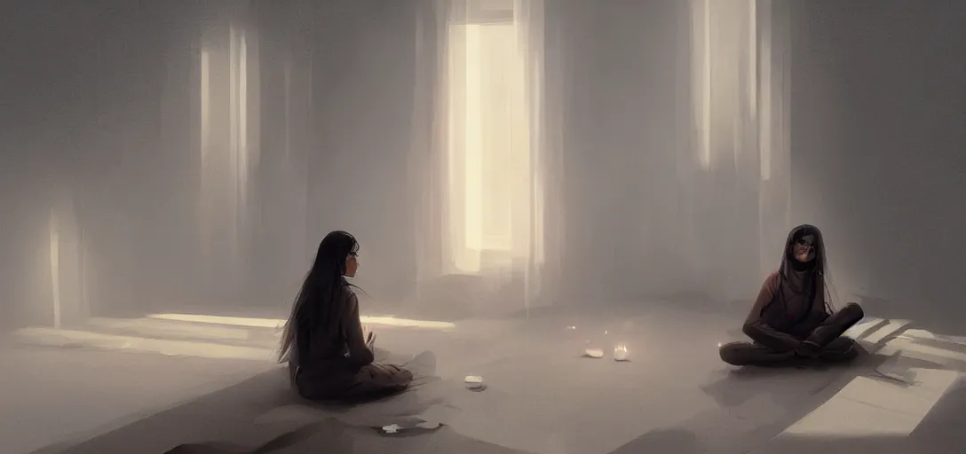 Image similar to Young Himalayan woman sitting concerned in an empty room with loneliness using psychic powers to make a lighter float| night time scene, plain walls |somber white eyes, long messy hair | gentle lighting, futuristic, dim lighting, digital art by Makoto Shinkai ilya kuvshinov and Wojtek Fus, digital art, concept art,