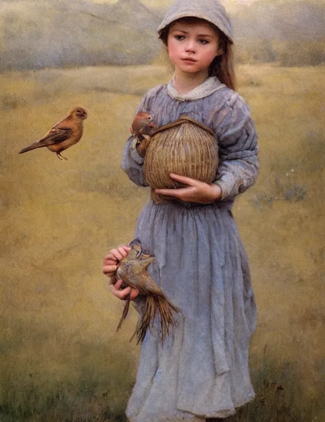 Image similar to portrait of little peasant girl holding bird in her hands, cottage core, cinematic focus, polaroid photo bleached vintage pastel colors high - key lighting, soft lights, foggy, by steve hanks, by lisa yuskavage, by serov valentin, by tarkovsky, 8 k render, detailed, oil on canvas