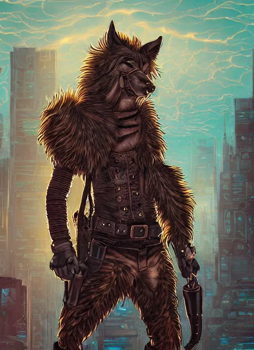 Image similar to aesthetic portrait commission of a of a male fully furry anthro ( pack mule ) with a tail and a beautiful attractive hyperdetailed face wearing wearing a outfit in a sci - fi dystopian city at golden hour while it storms in the background. character design by dayer, diego 5, detailed, inked, western comic book art, award winning film poster painting