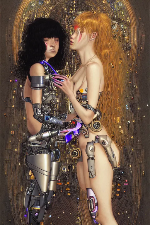 Image similar to two beautiful young cyborg maidens, cyberpunk, kiss, highly detailed, artstation, illustration, art by Gustav Klimt