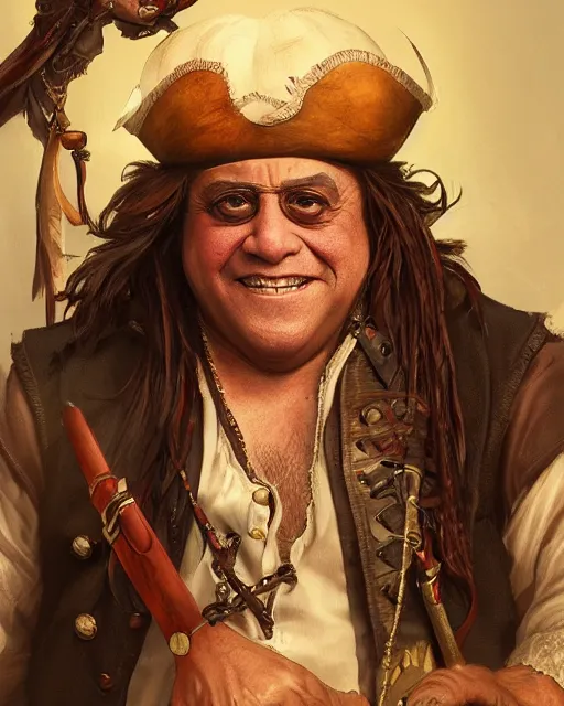 Prompt: portrait of danny devito as a pirate, highly detailed, digital painting, artstation, concept art, sharp focus, illustration, art by artgerm and greg rutkowski and alphonse mucha