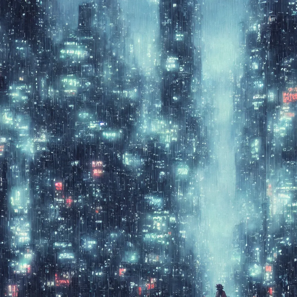 Image similar to beautiful raining anime cityscape by makoto shinkai, tall buildings and grey fog, trending on pixiv