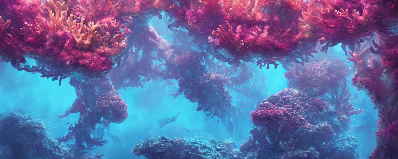 Prompt: alien underwater coral reef, lush alien underwater pillars, Christian Cline, Alex Ries, digital art