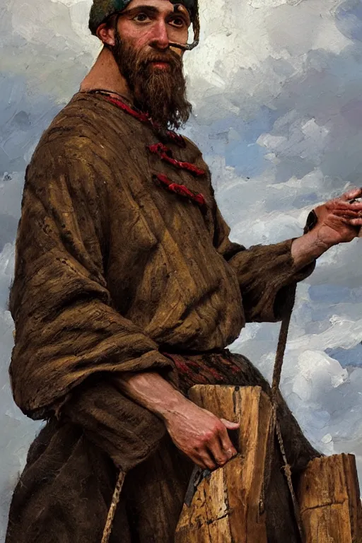 Image similar to slavic dog head man builds the roof, woolen torso in medieval clothes, orthodox saint christopher, oil painting, painting by viktor vasnetsov, concept art, hyperrealism, beautiful, high resolution, trending on artstation,