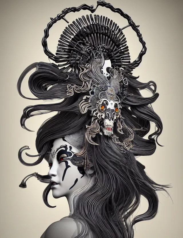 Image similar to 3 d goddess ram skull half - turn portrait with long hair with ram skull. beautiful intricately detailed japanese crow kitsune mask and clasical japanese kimono. betta fish, jellyfish phoenix, bio luminescent, plasma, ice, water, wind, creature, artwork by tooth wu and wlop and beeple and greg rutkowski