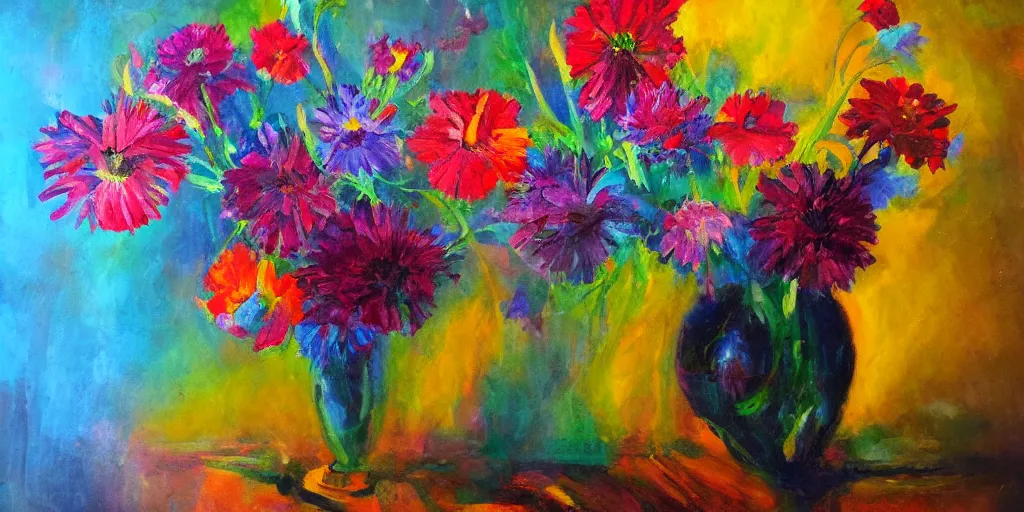 Prompt: i dream of a vase flowers, modern, studio, oil paint, grand master of light