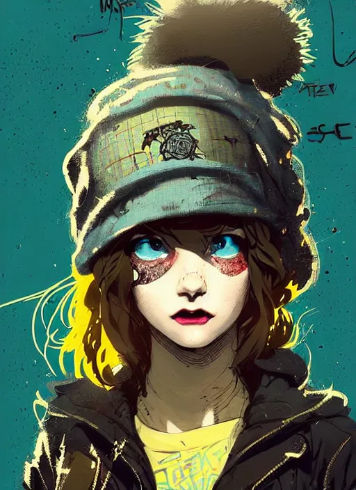 Image similar to highly detailed portrait of a sewer punk lady student, blue eyes, tweed hoody, hat, wavy hair by atey ghailan, by greg rutkowski, by greg, tocchini, by james gilleard, by joe fenton, by kaethe butcher, gradient yellow, black, brown and cyan color scheme, grunge aesthetic!!! ( ( graffiti tag street background ) )