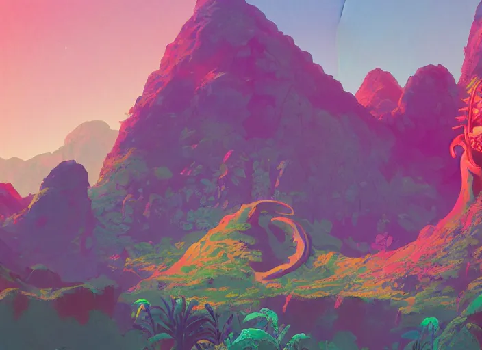 Image similar to psychedelic art of a mountain shaped like a dinosaur, jungle landscape, detailed, cel shaded, by makoto shinkai and moebius and anton fadeev and james gurney