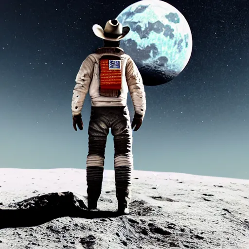 Prompt: cowboy on the moon, standing pose, planet earth background, photorealistic, octane render, blender render, unreal engine, 3 5 mm