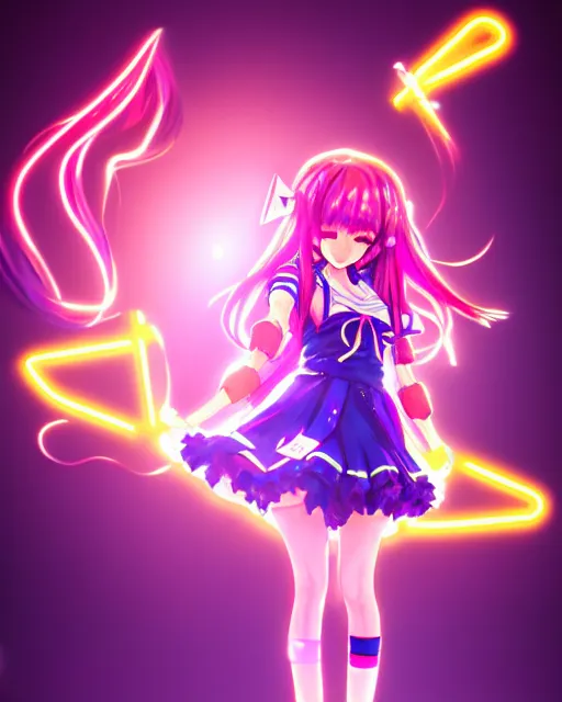 Image similar to anime style, vivid, expressive, full body, 4 k, painting, a cute magical girl idol with a long wavy hair wearing a dress, correct proportions, stunning, realistic light and shadow effects, neon lights, studio ghibly makoto shinkai yuji yamaguchi