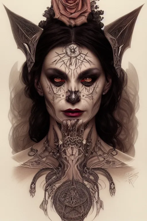 Image similar to portrait of a satanic witch, tattooed face, upper body, decorated, intricate, elegant, highly detailed, digital painting, artstation, concept art, smooth, sharp focus, illustration, art by artgerm and greg rutkowski and alphonse mucha, 8 k