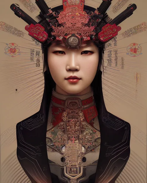 Image similar to portrait of a cyberpunk machine, machine face, upper half portrait, decorated with chinese opera motifs, asian, fine china, wuxia, traditional chinese art, intricate, elegant, highly detailed, symmetry, headpiece, digital painting, artstation concept art smooth sharp focus, illustration, art by artgerm and greg rutkowski alphonse mucha 8 k