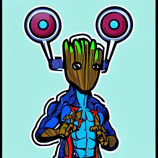 Image similar to svg sticker of a Pop-Wonder Groot-Marvel-Avenger at a rave, spinning records, giant headphones rocking out, wearing headphones, huge speakers, dancing, rave, DJ, spinning records, digital art, amazing composition, rule-of-thirds, award-winning, trending on artstation, featured on deviantart