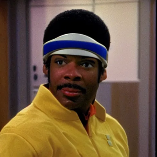 Image similar to Geordi LaForge wearing visor and a colander and random kitchen tools on his head