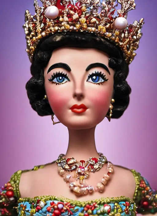 Image similar to closeup face profile portrait of tin toy elizabeth taylor as a fairytale princess wearing a crown eating cakes, bikini, depth of field, zeiss lens, detailed, symmetrical, centered, fashion photoshoot, by nicoletta ceccoli, mark ryden, lostfish, breathtaking, 8 k resolution, extremely detailed, beautiful, establishing shot, artistic, hyperrealistic, octane render