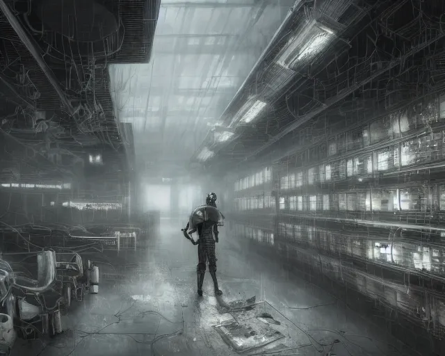 Image similar to gloomy colossal ruined server room in datacenter robot figure automata headless drone robot knight welder posing pacing fixing soldering mono sharp focus, emitting diodes, smoke, artillery, sparks, racks, system unit, motherboard, by pascal blanche rutkowski artstation hyperrealism cinematic dramatic painting concept art of detailed character design matte painting, 4 k resolution blade runner