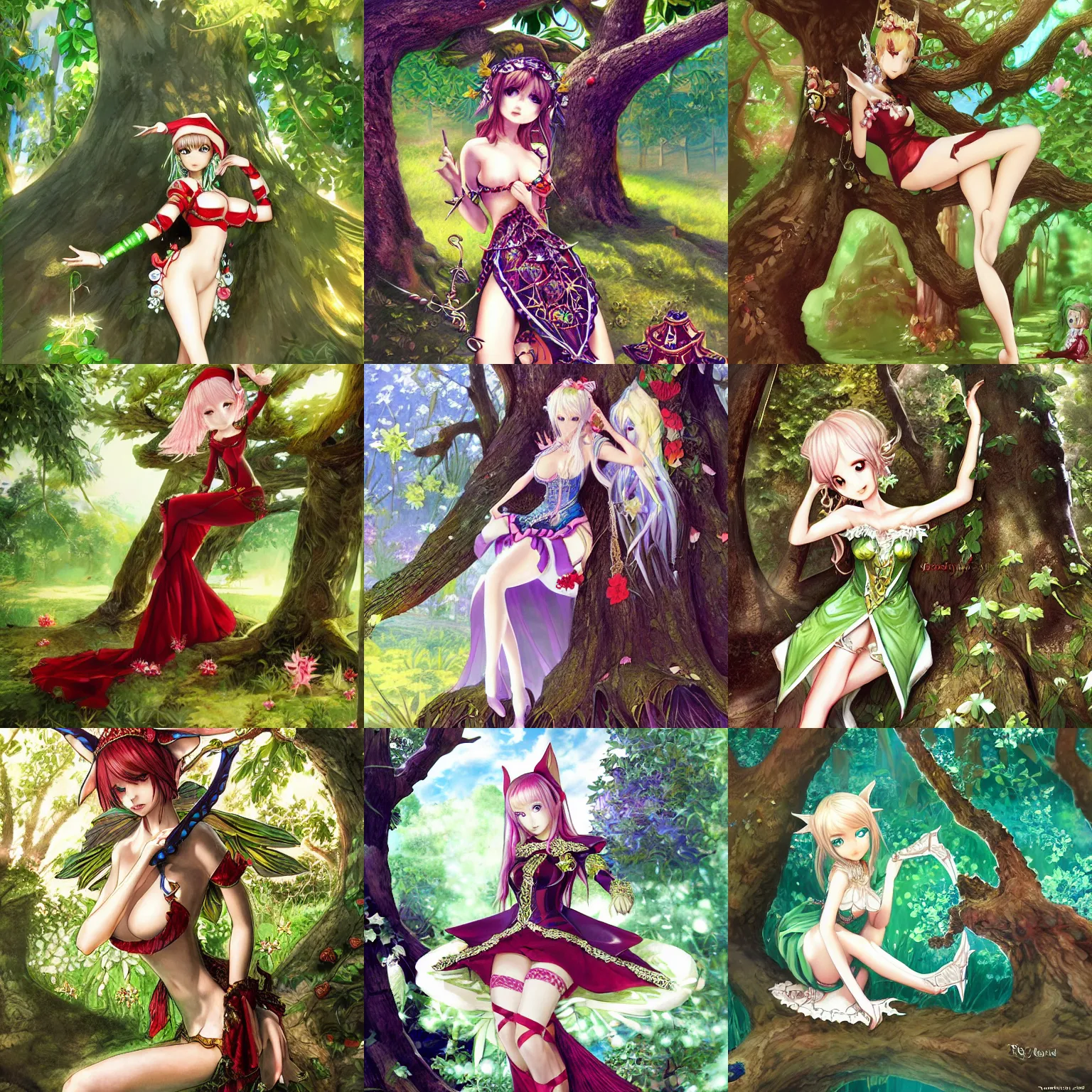Prompt: Elf in an elaborate dress resting in the shade of a large tree, fantasy, D&D, digital illustration, Tony Taka