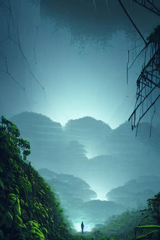 Image similar to emissary city in a jungle with a soft blue hue uder glow to the leaves, rain falling, vines, by arthur haas by james gilleard and laurie greasley, textured, cinematic matte painting, zaha hadid building, photo realism, dark moody color palate, blue hour stars, desolate glacial landscape,