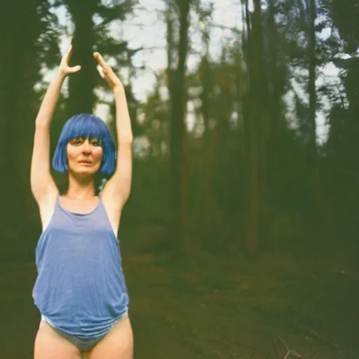 Prompt: cute young woman, short blue hair, tank top, arms raised above her head, cottagecore, razorfree, hippie, naturist, portrait photography, portra 800