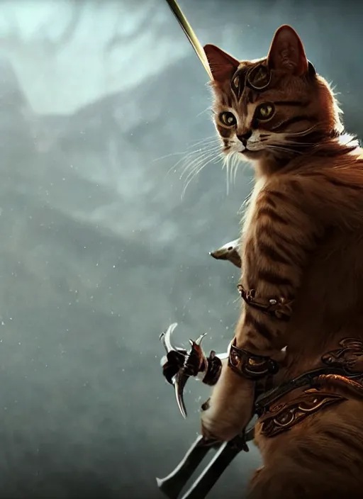 Image similar to a humanoid cat with a sword in elden ring, gameplay, boss fight, 8k, hd