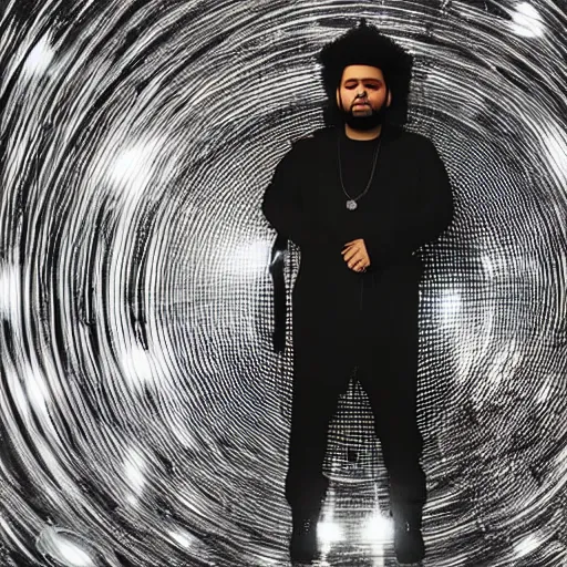 Image similar to the weeknd inside a huge disco ball, wearing black jumpsuit and holding a microphone, hyper detailed, realistic, octane render, sharpness