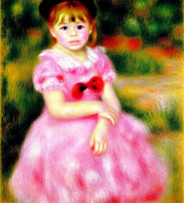 Prompt: a portrait of a cute little girl wearing a fluffy pink dress in the style of renoir