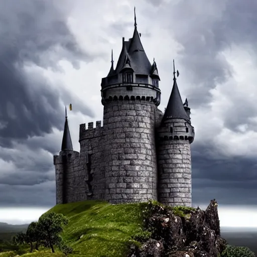 Prompt: dark stormy towering castle with lots of turrets on a cliff, thunder and lightning, atmospheric fantasy