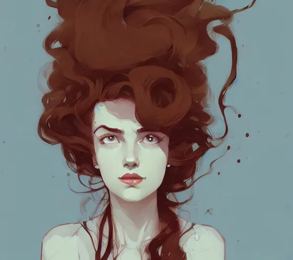 Image similar to portrait woman with long red curly hair, by atey ghailan, by greg rutkowski, by greg tocchini, by james gilleard, by joe fenton, by kaethe butcher, by ashley wood, dynamic lighting, gradient light blue, brown, blonde cream and white color scheme, grunge aesthetic