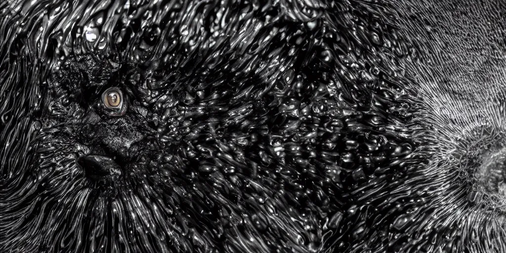 Prompt: a black lioness made of ferrofluid bathing inside the bathtub full of ferrofluid at the photography studio, covered in dripping ferrofluid. dslr, wrinkles, ferrofluid, photography, realism, animal photography