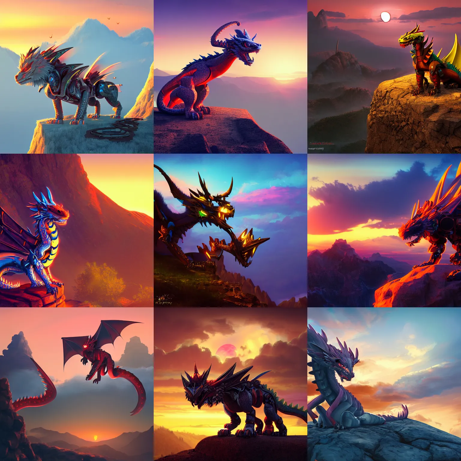 Prompt: furry art, robotic dragon perched on a mountain, sunset in background, commission on furaffinity, cgsociety, octane render, vibrant colors