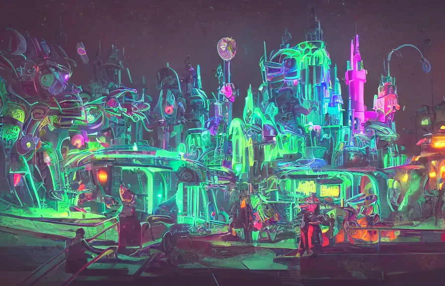 Image similar to a futuristic neon castle, crowded, plastic, nature, robots, digital art.