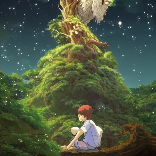 Prompt: spirit creature sitting on the tree in the night made by studio ghibli, detailed, high quality, 8 k, smooth, artstyle, anime