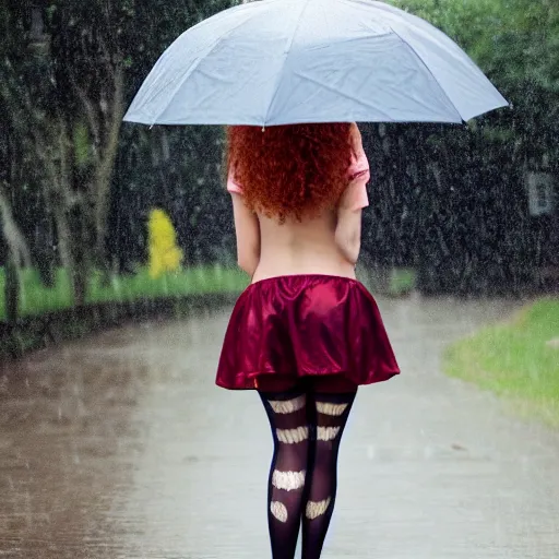 prompthunt: anime girl walks in lingerie and pantyhose in the rain with an  umbrella, red curly hair in pigtails with an elastic band, rain, full HD, 8k