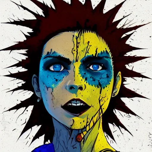 Image similar to Highly detailed portrait of a punk zombie latino young lady with freckles and spikey punk hair by Atey Ghailan, by Loish, by Bryan Lee O'Malley, by Cliff Chiang, was inspired by iZombie, inspired by graphic novel cover art !!!electric blue, brown, black, yellow and white color scheme ((grafitti tag brick wall background))