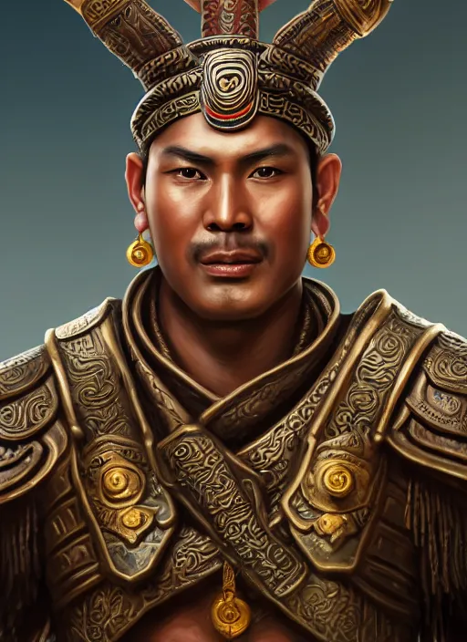Image similar to smart tai warlord, ayutthaya, closeup portrait, without beard and mustache, historical hero, ethnic group, tai costume, tai traditional bronze headdress, intricate, with leather armor cross on bare chest, elegant, loin cloth, highly detailed, oil painting, artstation, concept art, matte, sharp focus, illustration, hearthstone, art by earl norem