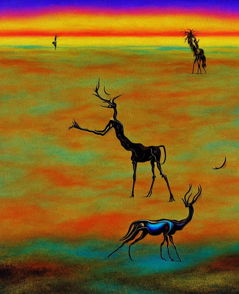 Prompt: gigantic long - legged surreal creature on the great wild plains, hd photograph painting surreal trippy an open space, sharp focus highly detailed, grainy 3 5 mm vintage pop art texture, golden hour lighting, huge vicious organism, centerpiece horizon vast biodiverse valley, painted by salvador dali with colorful pastel oils chalk