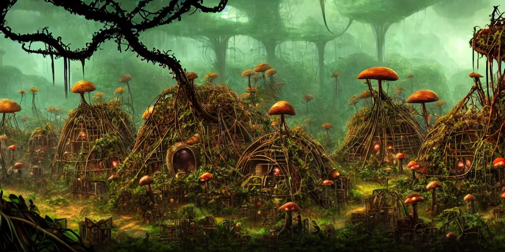 Prompt: a jungle village of cybernetic mutants and their mushroom tents, matte oil painting, retrofuturistic, science fantasy, roguelike, rusted vines, salt powder, lgbt, queer, rpg, epic, dungeons & dragons, sacred, sharp focus, award - winning, extremely detailed, 4 k, 8 k