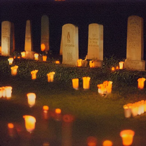 Prompt: film photography film photography of a Mexican cemetary at night, lit with candles, Leica M6, cinestill 800, Noctilux 50mm
