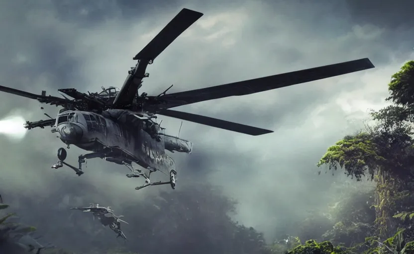 Image similar to photo of sci - fi war helicopter landing on jungle complex, ultra detailed, movie frame, cinematical composition, 4 k, breaking bad