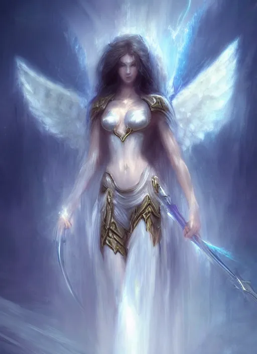 Image similar to concept art, angel knight girl. by artstation trending, by joseph mallord william turner, luis royo, konstantin razumov, cinematic lighting, fractal flame, highly detailed